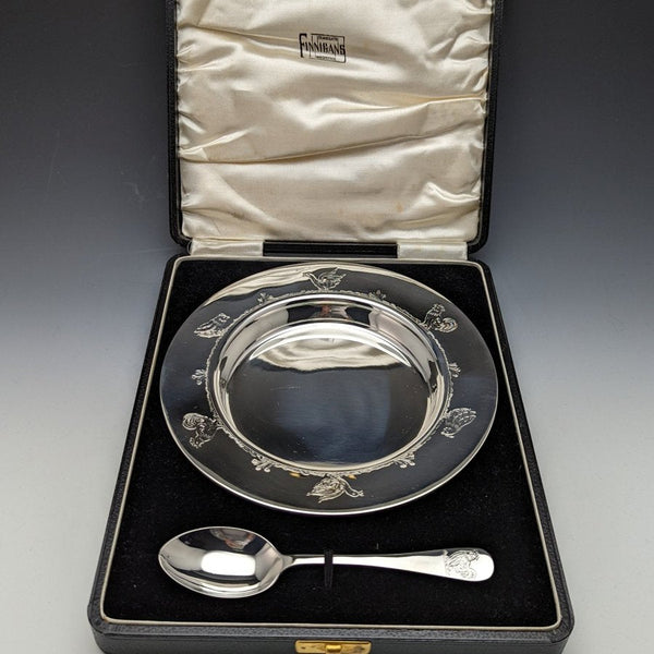 1940年頃 英国ヴィンテージ 純銀製ディッシュ&スプーン 直径17.5cm 計245g Finningans ケース入り